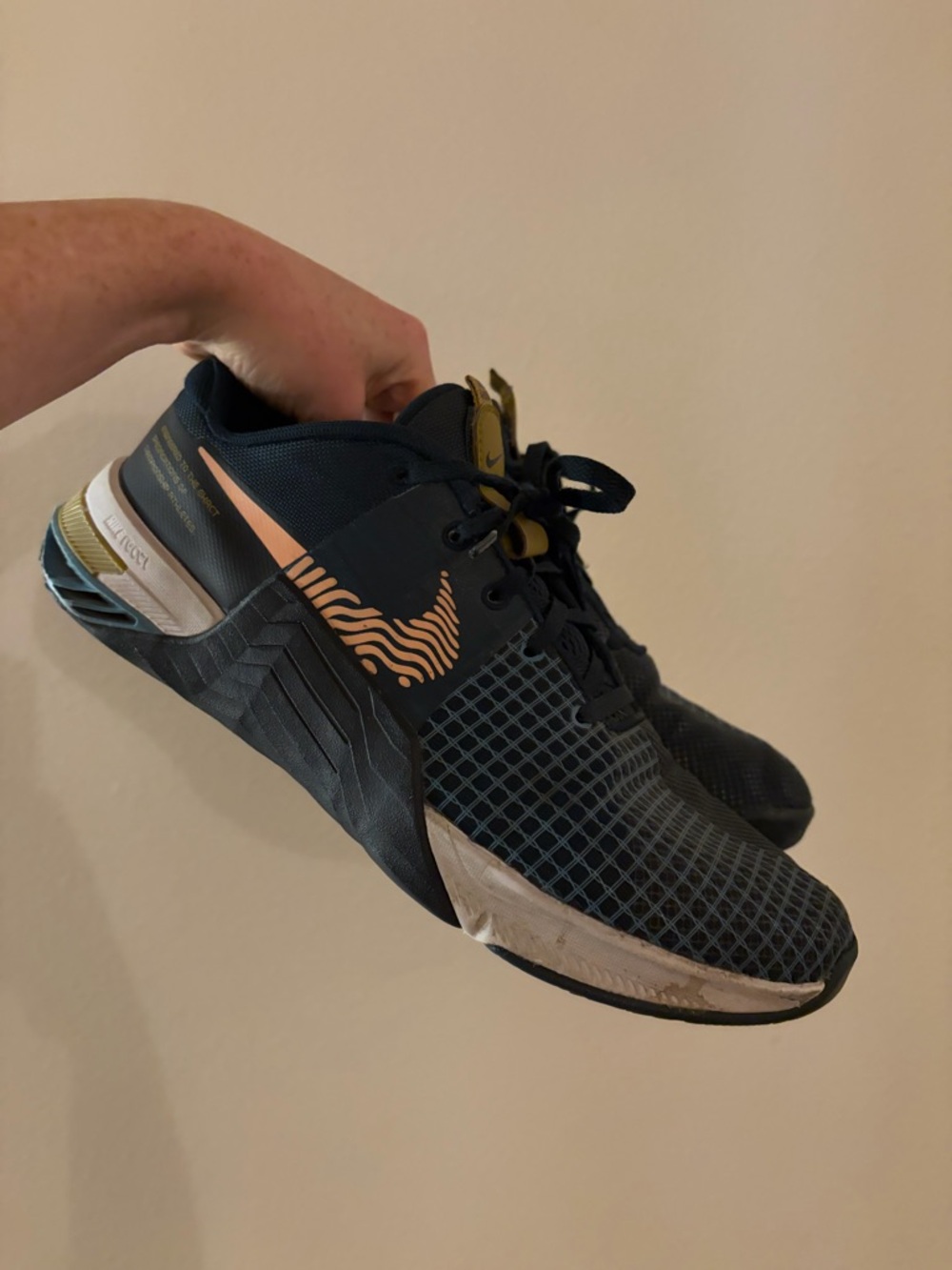 Nike Men’s Athletic Shoes Navy with Peach and Gold Accents